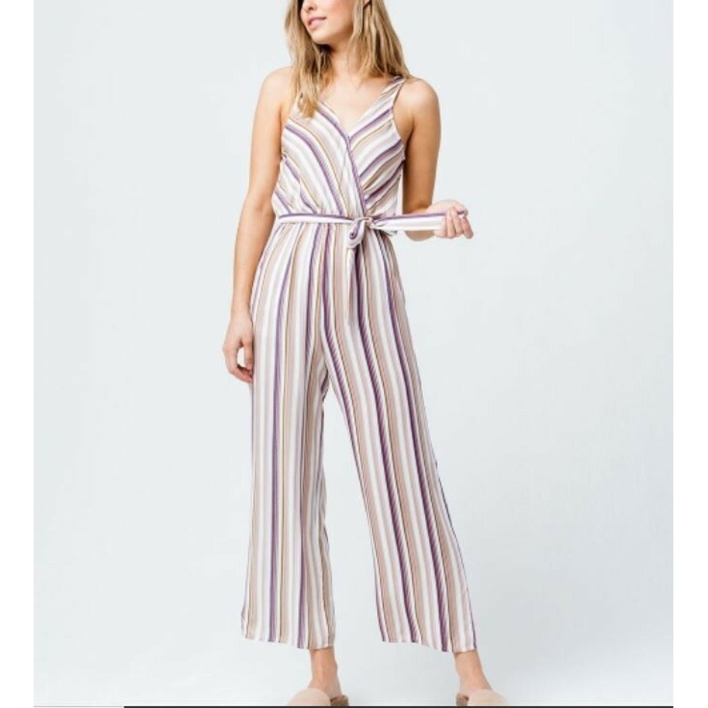 Mimi Chica Striped Jumpsuit Womens Size Small Tan White Wide Leg Surplice V-Neck
